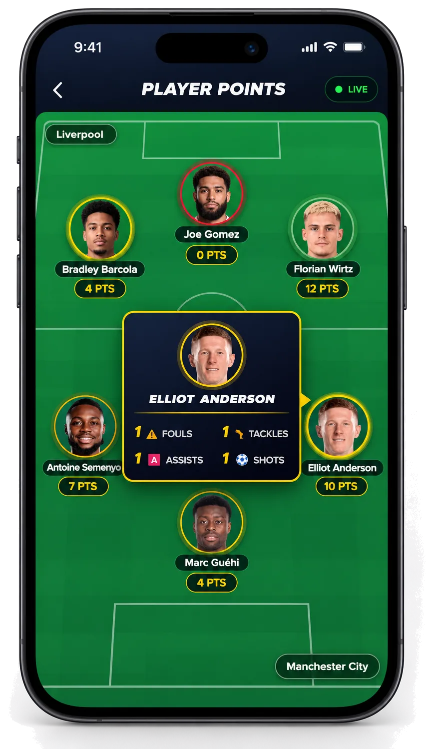 Football gamification screen showing player points, live scores and fantasy-style player stats