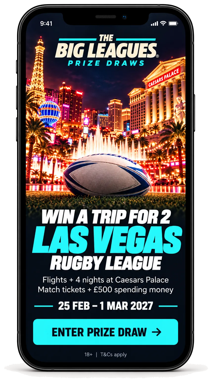 The Big Leagues prize draw screen promoting a trip for two to Las Vegas for rugby league, with flights, hotel, tickets and spending money